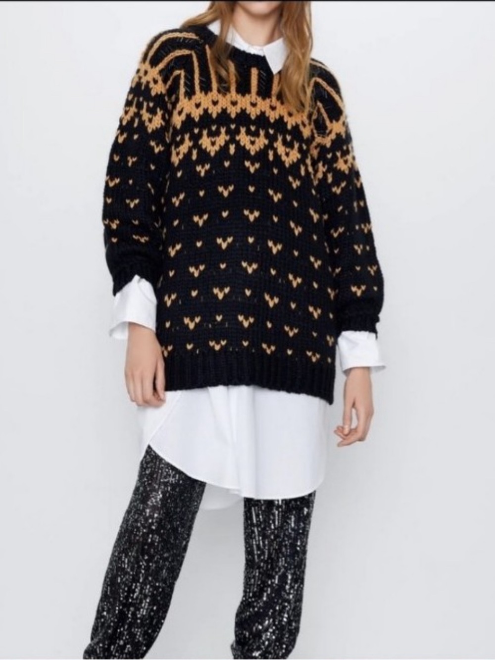Zara Black and Gold Fair Isle Crewneck Beaded Sequin Chunky Knit Sweater